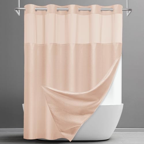 No Hook Waffle Shower Curtain with Snap in Liner Set, 71x74, Blush Pink