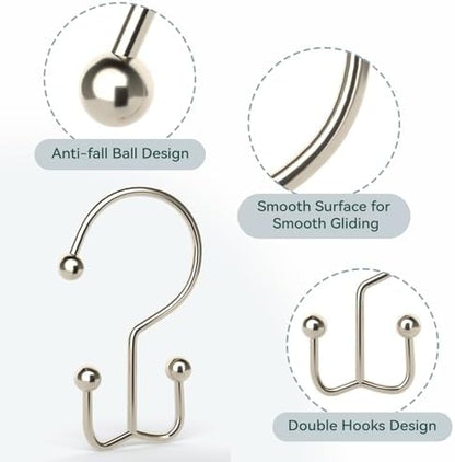 24 Pcs Shower Curtain Hooks, Goowin Shower Curtain Rings, Durable Shower Curtain Rings Rust Proof, Double Glide Shower Rings for Curtain, Simple Shower Hooks for Shower Curtain & Liner, Brush Nickel