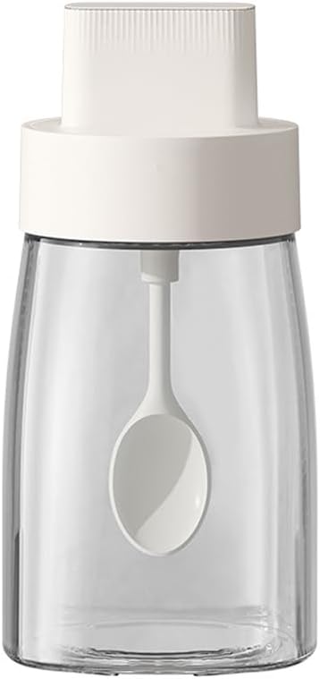 LOYUYU Kitchen Sodium Calcium Glass Spice Jars Seasonning Box Set of 1, Condiment Pots Spice Jars, Retractable Spoon and Lid Combination Design, Airtight Cap 9.7oz White