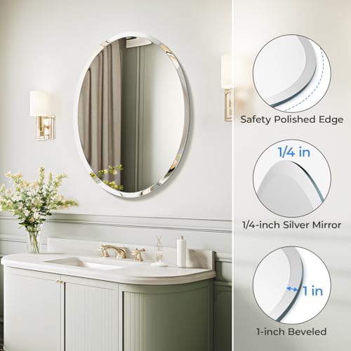 USHOWER Bathroom Mirror for Over Sink, 20x28 Inch Oval Frameless Mirror