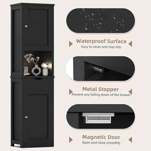 Shintenchi Tall Bathroom Storage Cabinet, Slim Corner Floor Cabinet with Doors and Drawer, Freestanding Narrow Bathroom Organizer with Adjustable Shelves for Small Space, Black