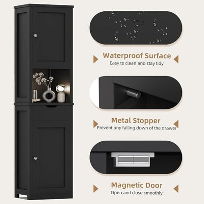 Shintenchi Tall Bathroom Storage Cabinet, Slim Corner Floor Cabinet with Doors and Drawer, Freestanding Narrow Bathroom Organizer with Adjustable Shelves for Small Space, Black