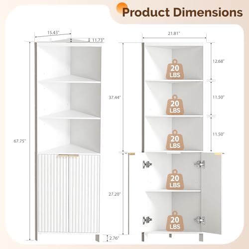VINGLI Tall Corner Cabinet with Fluted Doors, 68" White Corner Storage Cabinet with Adjustable Shelves, Freestanding Wood Corner Bookshelf for Bathroom, Living Room & Kitchen, Space-Saving