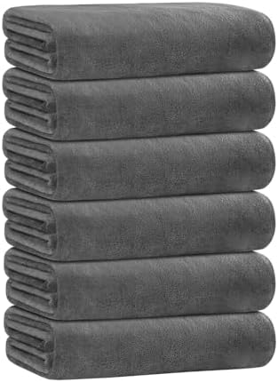 JML Microfiber Bath Towel Set with Hanging Loop, Grey, 30" x 60", 6 Pack