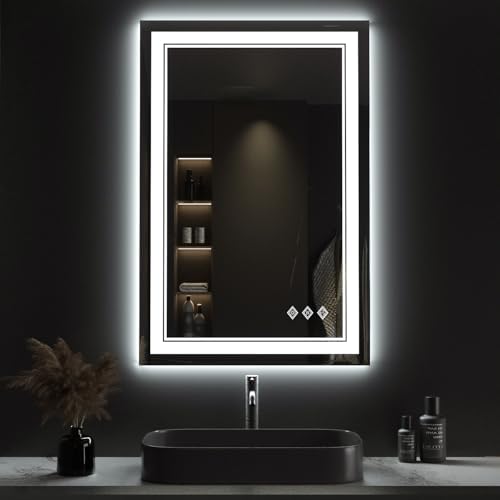 LED Mirror for Bathroom, 24x36 Inch Gradient Front and Backlight LED Bathroom Mirror, 3 Colors Dimmable CRI>90 Double Lights, Enhanced Anti-Fog, Hanging Plates Wall Mount Lighted Mirror