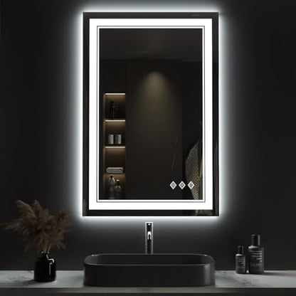 LED Mirror for Bathroom, 24x36 Inch Gradient Front and Backlight LED Bathroom Mirror, 3 Colors Dimmable CRI>90 Double Lights, Enhanced Anti-Fog, Hanging Plates Wall Mount Lighted Mirror