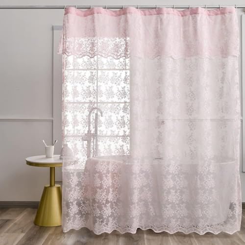 Pink Lace Shower Curtain 72x84, Cute Girly Extra Long with Attached Valance