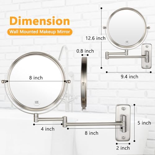 Wall Mounted Makeup Mirror - 1X/10X Magnifying Mirror Double Sided, 8 Inch Extendable Bathroom Mirror, Nickel Finish