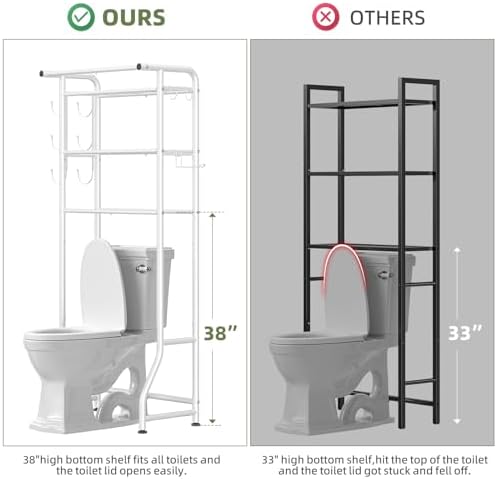 Simple Trending 3 Tier Over The Toilet Storage Rack, Metal Bathroom Shelf, Bathroom Stand Organizer Space Saver with Paper Holder and Hooks, White
