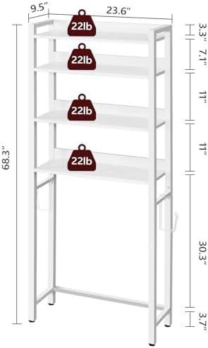 MAHANCRIS Over The Toilet Storage Rack, 4 Tier Bathroom Organizer Over Toilet, Freestanding Space Saver Toilet Stand with 2 Hooks, Bathroom Storage Shelf, Easy to Assemble, White TSBW0401