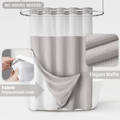 No Hook Shower Curtain with Liner Set Hotel Waffle Light Grey 72W X 87L