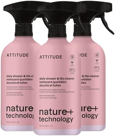 ATTITUDE Shower & Tile Cleaner Spray, EWG Verified, Bathroom Cleaner Removes Soap Scum & Grime, Plant-Based & Vegan, Lemon & Rosewood Scent, 26 Fl Oz (Pack of 3)
