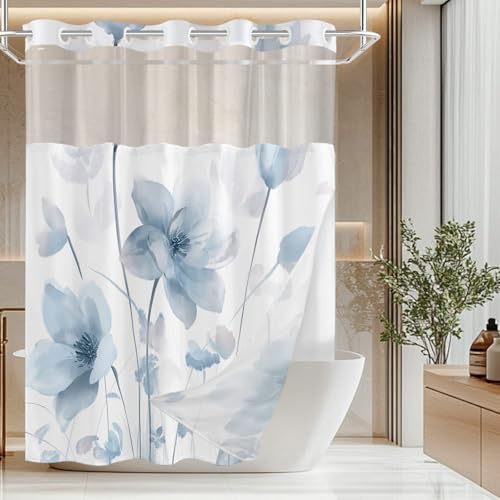 No Hook Shower Curtain and Liner Set, Blue Boho Floral 71x74