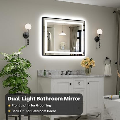 40x30 Inch LED Bathroom Mirror with Black Frame, Backlit & Front Lit