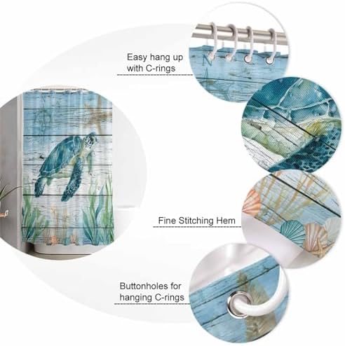 Shower Curtain Bathroom Set Sea Turtle Seagrass Starfish Waterproof Shower Curtains with Grommets Hooks Nautical Compass Blue Gradient Privacy Bath Curtain for Bathtub Decor 72x72in