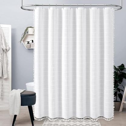 BTTN 84x72 Boho Farmhouse Linen Heavy Duty Fabric Shower Curtain Set, White
