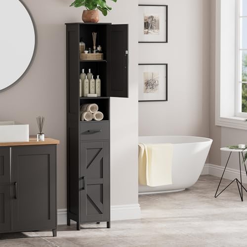 Homhedy 67" H Tall Bathroom Storage Cabinet with Barn Doors and Drawer