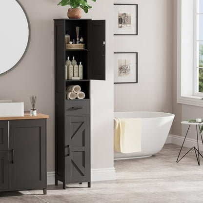 Homhedy 67" H Tall Bathroom Storage Cabinet with Barn Doors and Drawer
