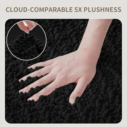 Bathroom Rugs Non Slip Washable 32x20, Extra Thick Soft Chenille Absorbent Bath Mat, High Density Barrier Non Slip Backing, Quick Dry Plush Shaggy Floor Carpet for Tub&Shower, Black