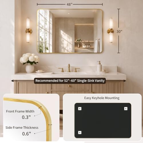 30x48 Inch Brushed Gold Rounded Rectangle Bathroom Vanity Mirror