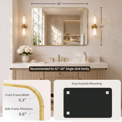 30x48 Inch Brushed Gold Rounded Rectangle Bathroom Vanity Mirror