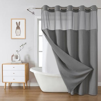 eachope No Hook Long Waffle Shower Curtain with Snap-in Liner,71x92 in,Grey