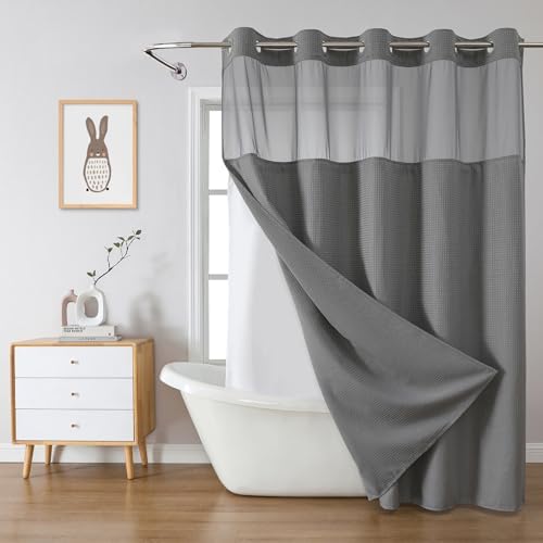eachope No Hook Waffle Shower Curtain with Snap-in Liner, 71x82 Inch, Grey