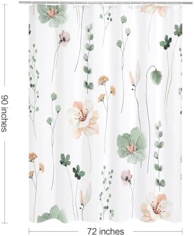Gibelle Sage Green Beige Watercolor Floral Fabric Shower Curtain, 72x90