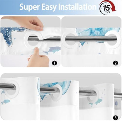 No Hook Shower Curtain and Liner Set, Watercolor Blue Beach Coastal 71x84