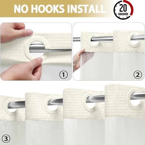 No Hook Shower Curtain with Liner Set Hotel Waffle Curtain Cream 72W X 75L