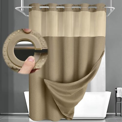 No Hook Shower Curtain with Liner Set Hotel Waffle Curtain Beige 72W X 75L
