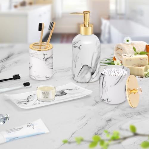 Haturi Bathroom Accessories Set, 4 Pcs Marble Look Sets Soap Dispenser & Toothbrush Holder Counter Top Restroom Apartment Decor Stuff, Glass Kits, Gift for Women and Men, Ink White