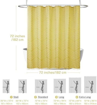 Yellow Boho Shower Curtain with White Tassel - 72 x 72 Modern Farmhouse Textured Tufted Chevron Striped Minimalist Bathroom Shower Curtain