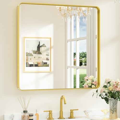 Keonjinn 30 x 30 Inch Brushed Gold Bathroom Mirrors for Over Sink