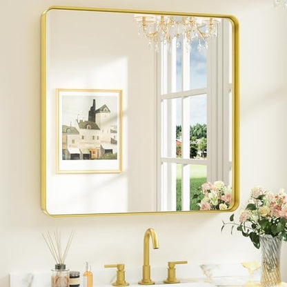 Keonjinn 30 x 30 Inch Brushed Gold Bathroom Mirrors for Over Sink