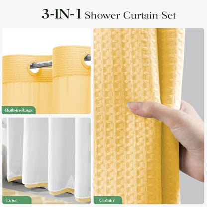 Dynamene Gold Hook Free Waffle Shower Curtain & Snap-in Fabric Liner,72x99