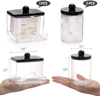 Tbestmax 10oz Cotton Ball Holder Qtips Dispenser, Bathroom Container Organizer for Storage Cotton Swabs, Pads - Apothecary Jar with Black Lids