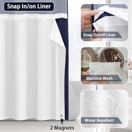 No Hook Shower Curtain with Liner Set Hotel Waffle Curtain Blue 72W X 75L