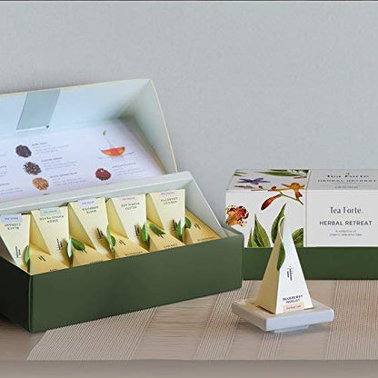 Tea Forte Premium Presentation Box Gift Set Sampler, 20 Count, Assorted Blends Individually Wrapped Handcrafted Pyramid Infuser Bags, Herbal Retreat Tea
