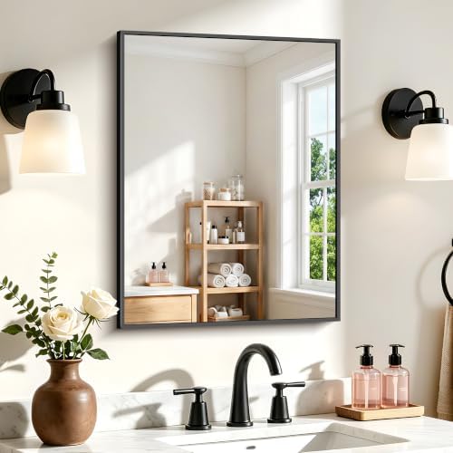 COFENY Black Bathroom Mirror for Wall, 18x24 Inch Rectangle Mirror with Metal Frame, Modern Vanity Mirrors for Bathroom Living Room, Entryway Hangs Horizontal or Vertical