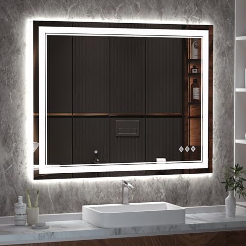 LED Bathroom Mirror, 40x32 Inch Gradient Front and Backlight Bathroom Vanity Mirror, 3 Colors Dimmable CRI>90 Double Lights, IP54 Enhanced Anti-Fog, Hanging Plates Wall Mount LED Mirror
