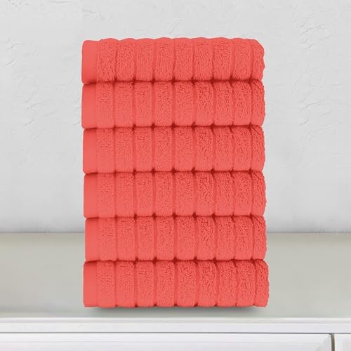 Elegant Comfort 100% Turkish Cotton Corduroy Ribbed Luxury Washcloths 6 Pack Soft 13 x 13 Inch - Higly Absorbent, Durable, Quick Dry, Spa Premium Hotel Quality for Bathroom or Travel, Coral