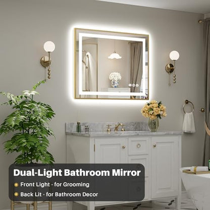 40x32 Inch LED Bathroom Mirror with Gold Frame, Backlit & Front Lit