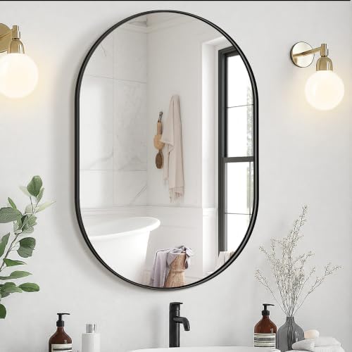 Delma 28x20 Black Oval Bathroom Mirror for Over Sink, Aluminum Frame