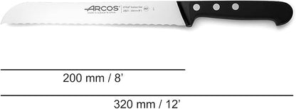 Arcos Bread Knife 8 Inch Nitrum Stainless Steel and 200 mm blade. Obtain a great variety of cuts for your food. Ideal knife for daily domestic use. Series Universal. Color Black