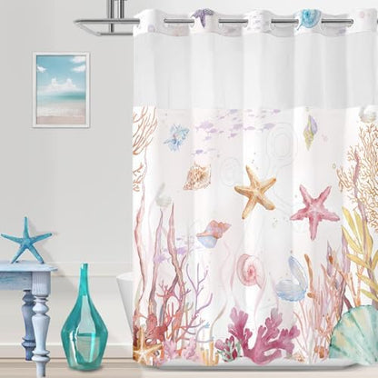 No Hook Shower Curtain and Liner Set, Watercolor Pink Beach Coastal 71x74