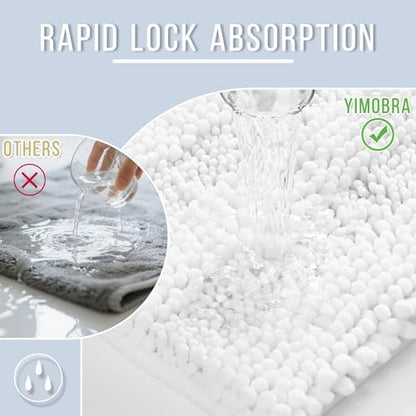 Yimobra Bathroom Rug Mat, Non Slip and Super Absorbent Bath Mat, Machine Washable Quick Dry, Ultra Plush Chenille Shower Rugs for Bathroom Floor Sink Tub and Shower Outside, White, 24 x 17