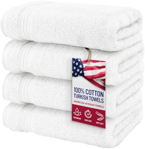 American Veteran Towel, Hand Towels for Bathroom Set of 4, 100% Cotton Turkish Hand Towel Sets, Soft Hand Face Towels, White Hand Towels