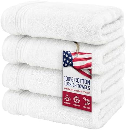 American Veteran Towel, Hand Towels for Bathroom Set of 4, 100% Cotton Turkish Hand Towel Sets, Soft Hand Face Towels, White Hand Towels