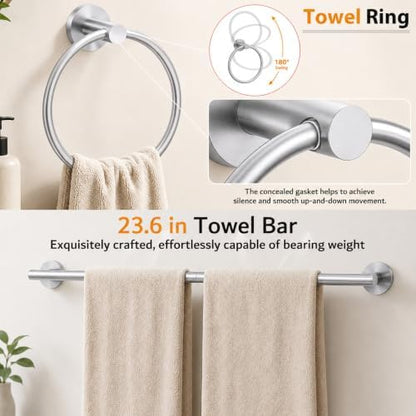 5 Pieces Bathroom Hardware Accessories Set Brushed Nickel, 24Inch Round Towel Racks Set for Bathroom, SUS304 Stainless Steel Towel Bar Set,Toilet Paper Holder with Shelf Wall Mounted